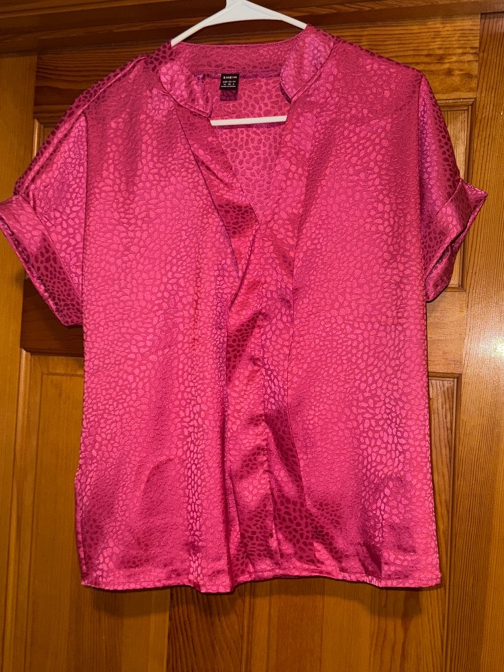 SHEIN Hot Pink Satin Short Sleeve Blouse